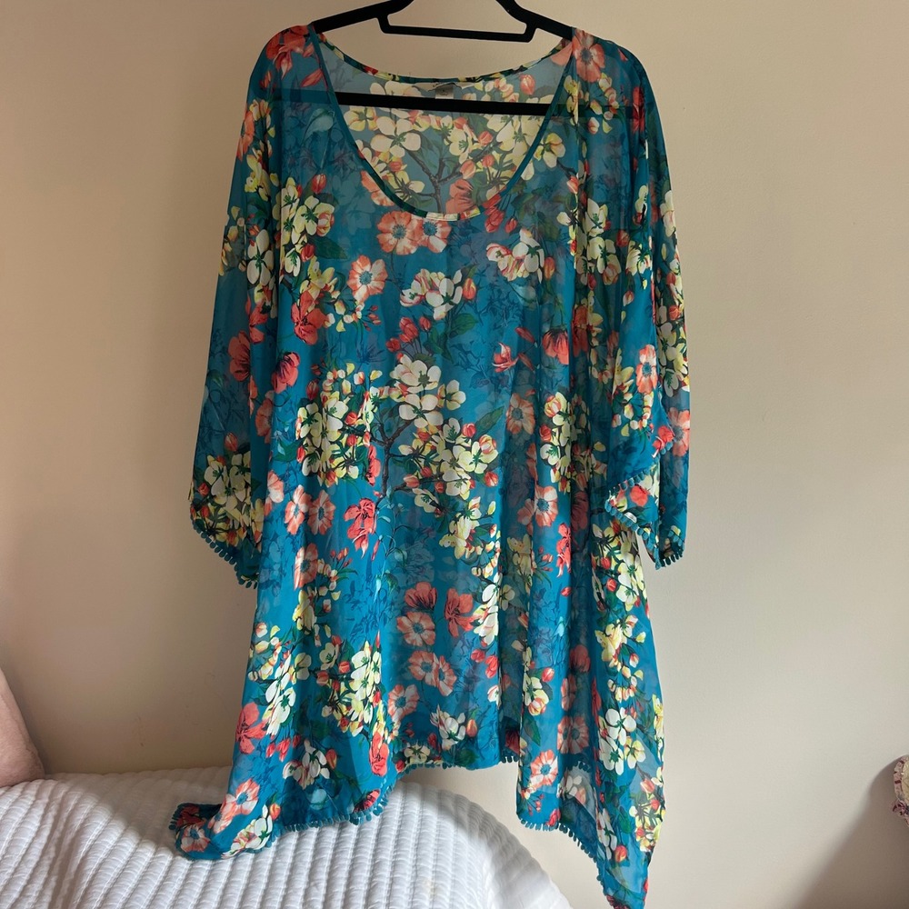 Lands end floral sheer‎ swim cover up mini dress Large 14-16